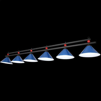 DecorBites metal hanging island light with blue conical shade and red spherical accents for industrial billiard use