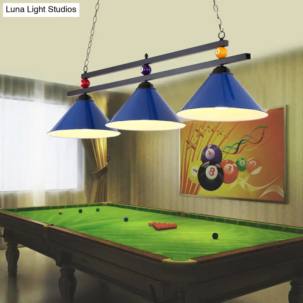 Decorbites metal hanging island light with blue conical shades, black metal frame, chain suspension, and billiard ball accents