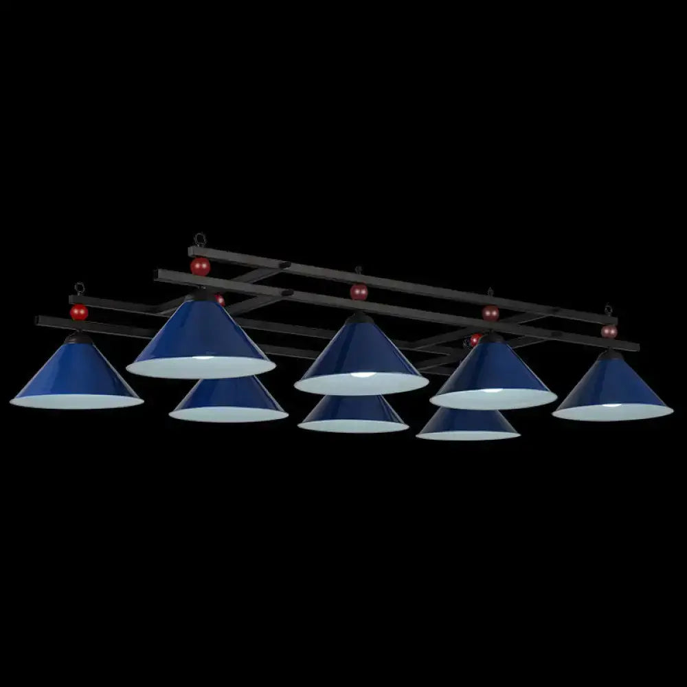 DecorBites metal hanging island light with blue conical shade and red spherical accents for industrial billiard use