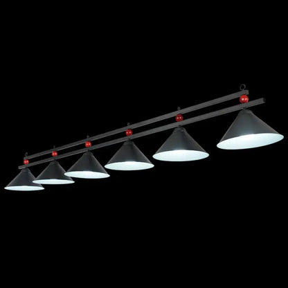 Decorbites metal hanging island light with black metal frame, five conical shades, and red spherical accents for industrial style