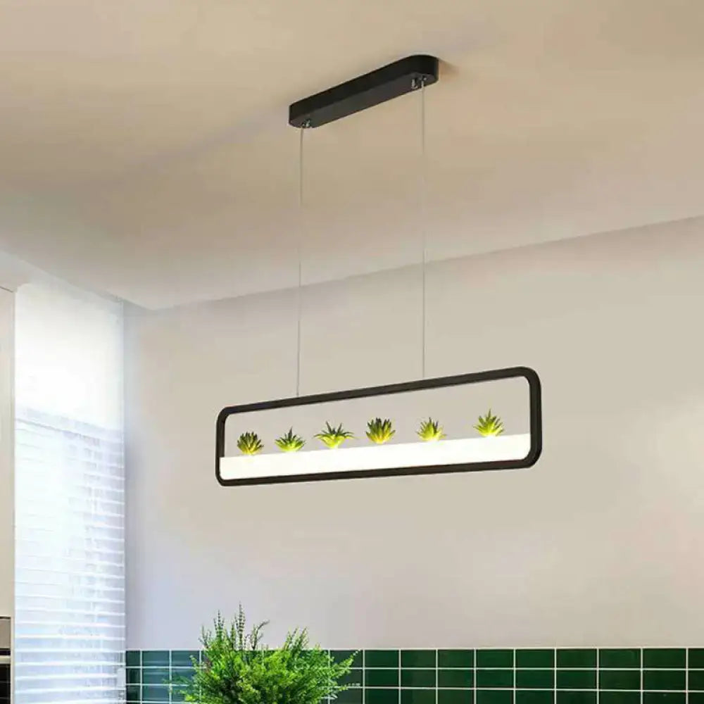 Decorbites metal led hanging light in black with integrated led and five green succulents on illuminated panel for restaurants 110v-120v 220v-240v