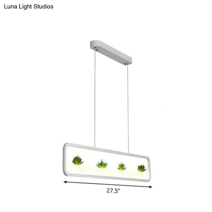 Modern rectangular metal led hanging light with white frame and four green succulents for restaurants 110v-120v 220v-240v