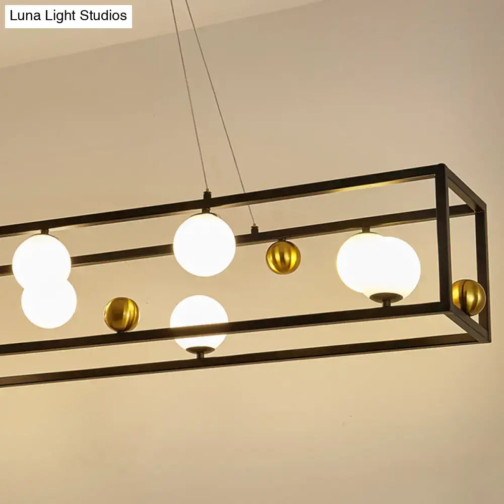 Modern rectangular DecorBites™ metal pendant light with milk glass shade and black frame for industrial dining rooms