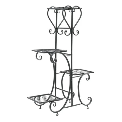 Black wrought iron metal plant stand with ornate scrollwork and three tiered shelves for 4 flower pots by DecorBites