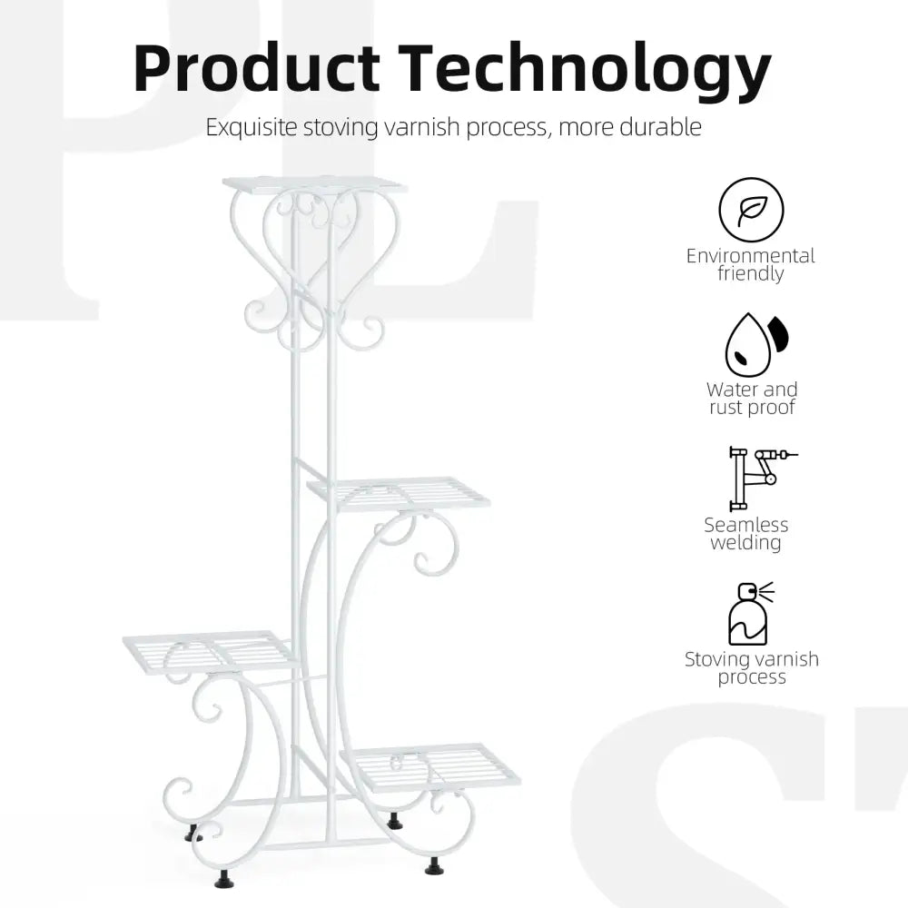 White wrought iron metal plant stand by DecorBites with ornate scrollwork and four tiered shelves for flower pots