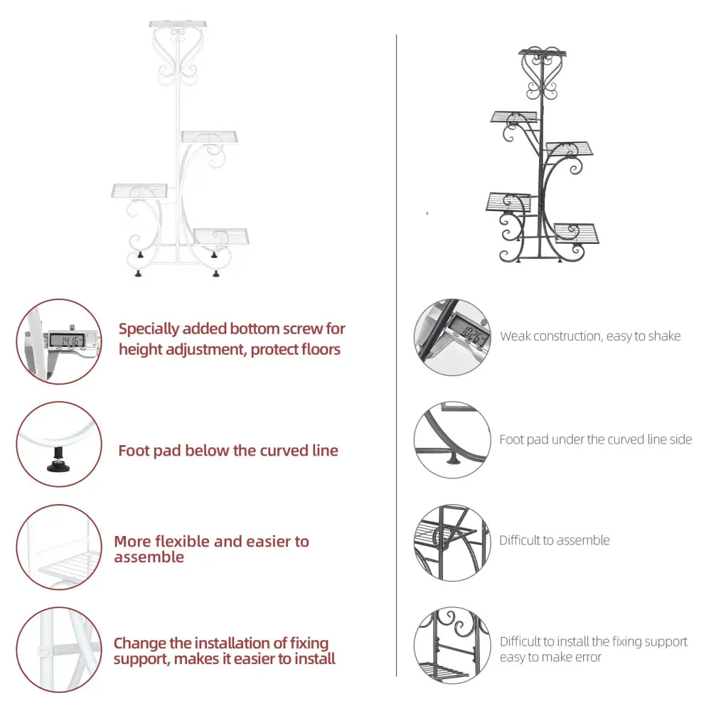 White wrought iron metal plant stand with ornate scrollwork and multiple tiers for four flower pots by DecorBites