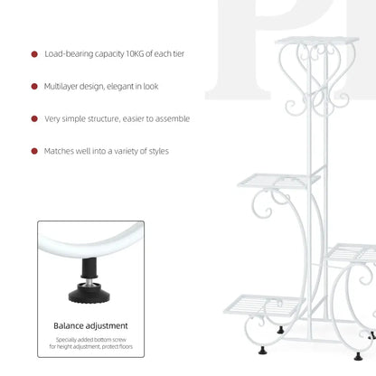 DecorBites metal plant stand in white wrought iron with ornate scrollwork and adjustable height feet for 4 flower pots