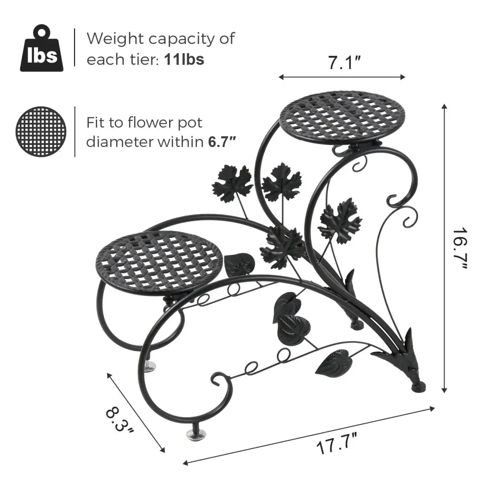 Decorbites metal plant stand set featuring a black wrought iron metal plant stand with three tiered ornate leaf platforms