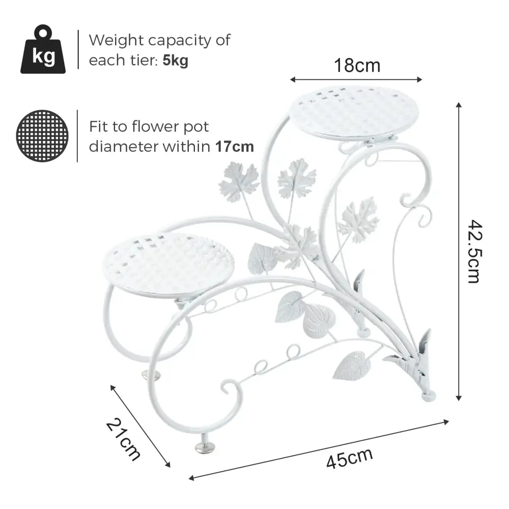 Decorbites™ white metal plant stand with decorative leaf motifs features three tiers for four potted flowers