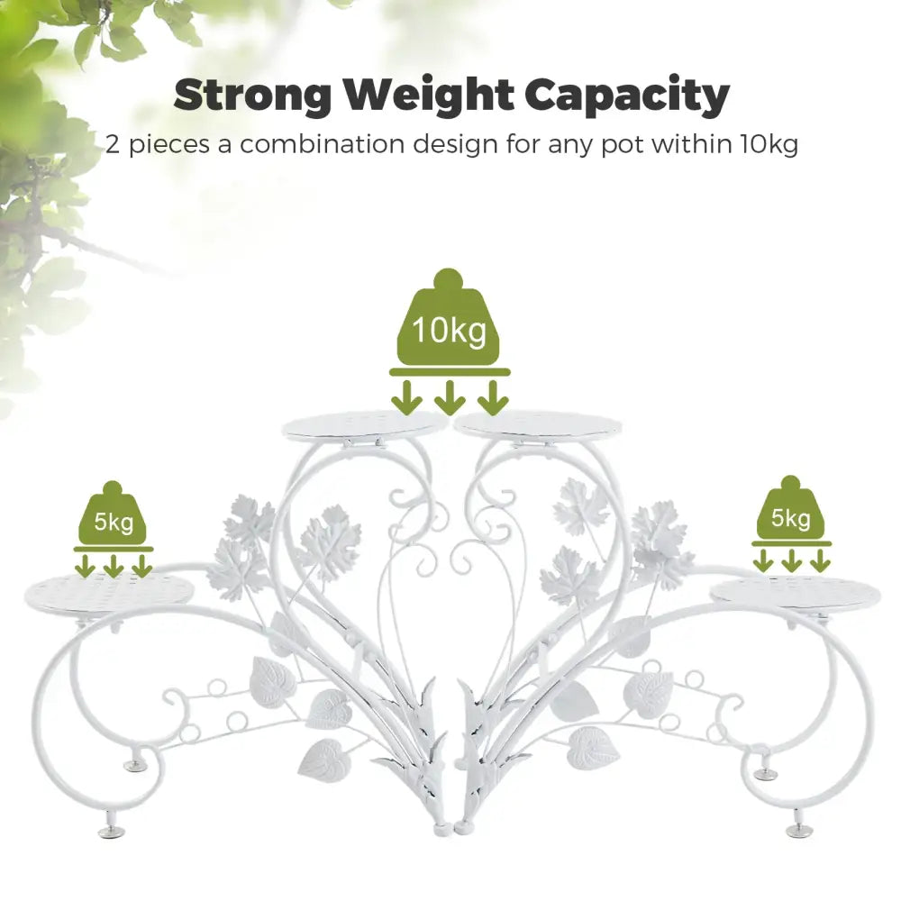 White wrought iron metal plant stand with ornate leaf detailing and three tiers for potted flowers up to 10kg each