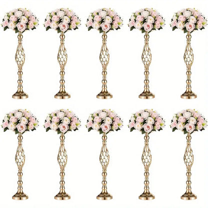 DecorBites™ metal vase set featuring golden metallic flower stands with intricate lattice designs and artificial roses