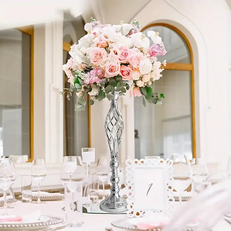 DecorBites metal vase set featuring a tall silver metal vase with diamond pattern holding pink and white roses
