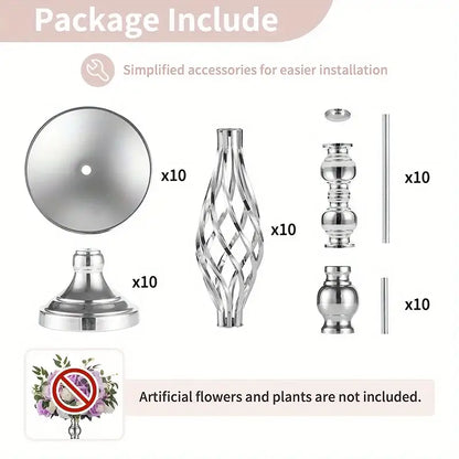 Set of ten polished chrome decorative metal vases with intricate twisted design and matching bases for special occasions