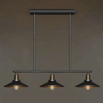 Decorbites metallic antique cone shade pendant lighting in black metal with brass accents and three exposed bulbs