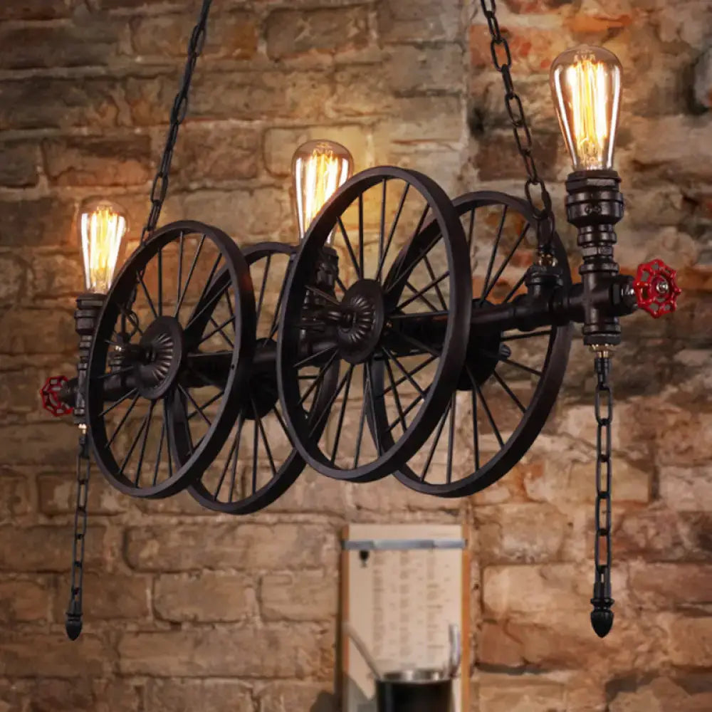 Decorbites metallic pendant light featuring an antique black wrought iron 3-head wagon wheel design with red valves compatible with 220v-240v and 110v-120v