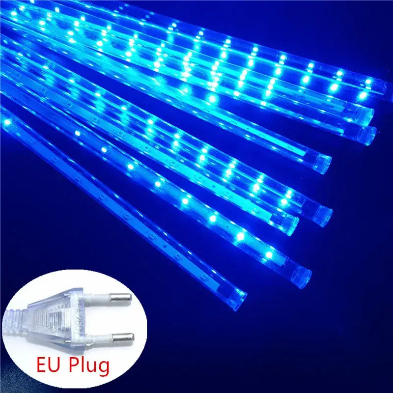 Decorbites™ meteor shower led string lights with blue leds clear plastic casings and european plug for outdoor decor