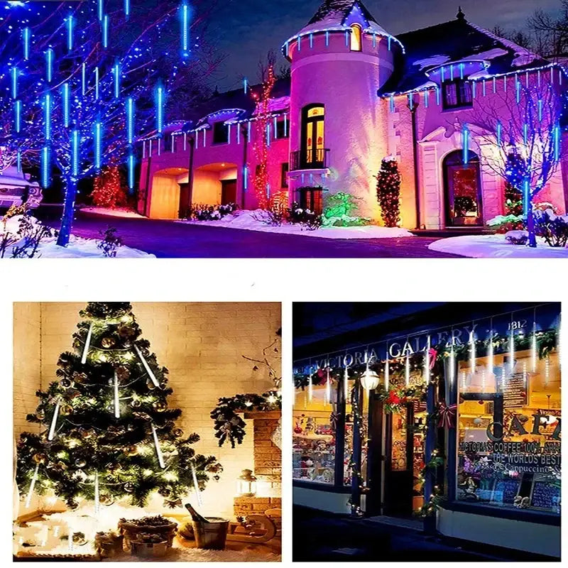DecorBites meteor shower led string lights featuring blue and white icicle design for festive indoor and outdoor decor