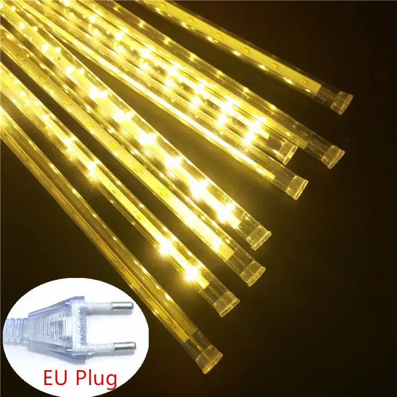DecorBites™ meteor shower led string lights featuring clear translucent sticks with warm yellow glow and eu plug