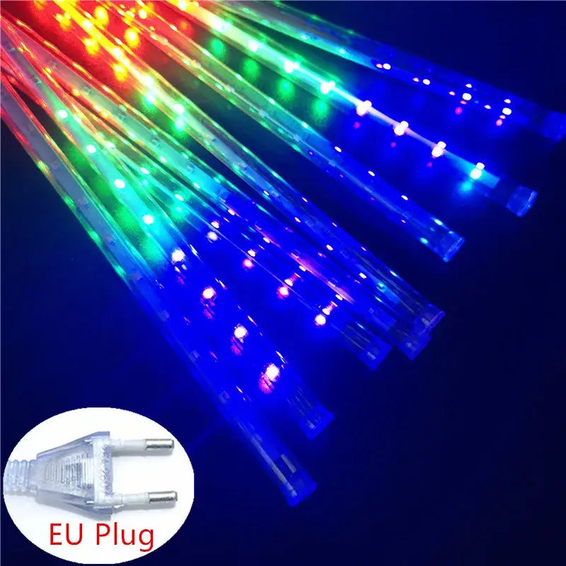 Decorbites™ meteor shower led string lights with rainbow-colored led sticks and clear plastic casings for outdoor use