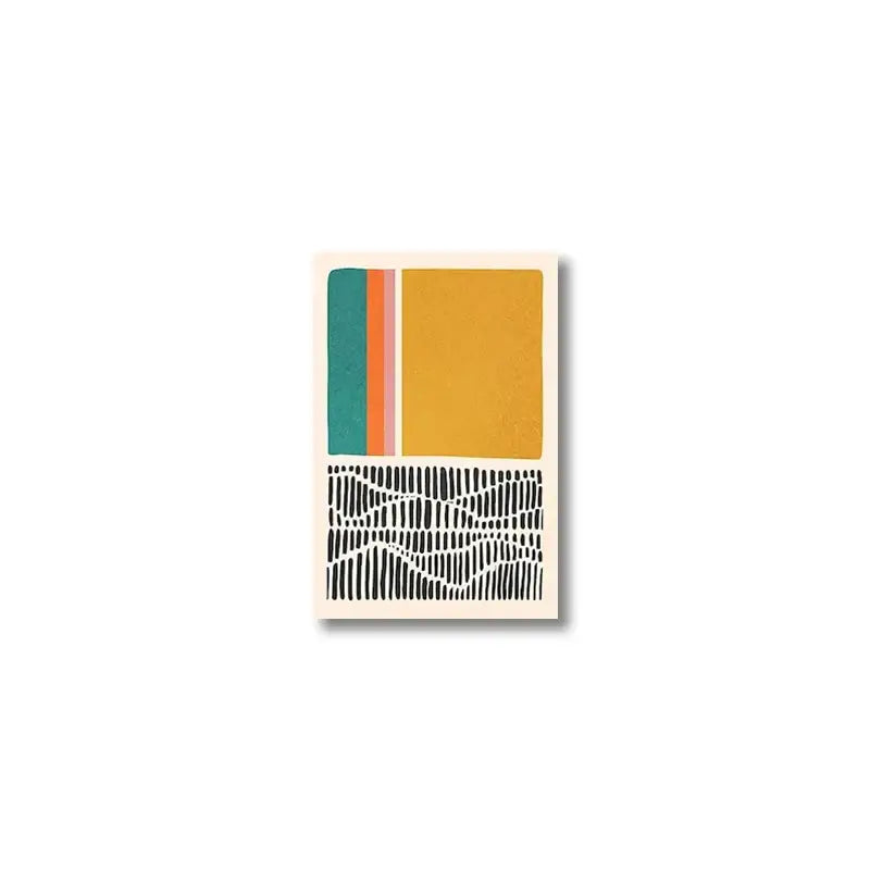 Decorbites™ mid century abstract color block wall art set featuring textured mustard yellow, teal stripe, and black-and-white pattern