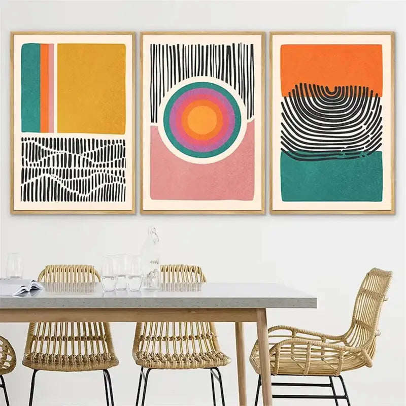 Three framed decorbites™ mid century abstract color block wall art set with bold geometric patterns and vibrant colors