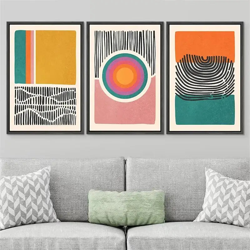 DecorBites mid century abstract color block wall art set with three framed prints in vibrant geometric patterns