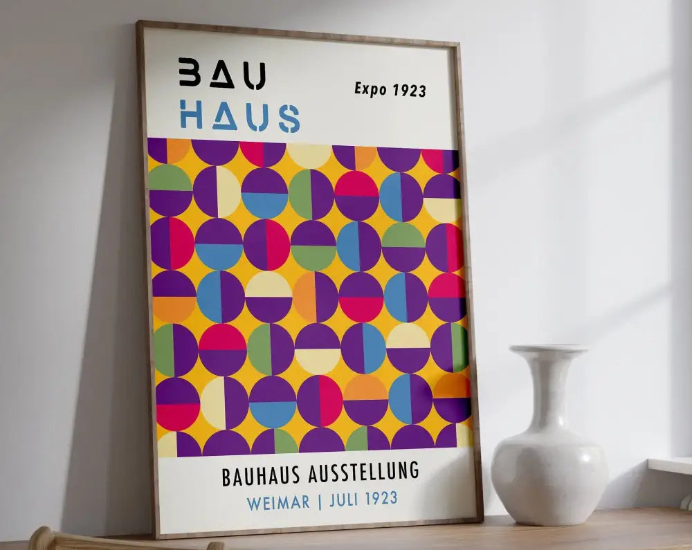 A framed DecorBites mid century art canvas print with vibrant overlapping circles in yellow purple pink blue and green