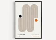 A minimalist mid century wall art canvas print featuring beige and tan concentric lines forming interconnected u shapes