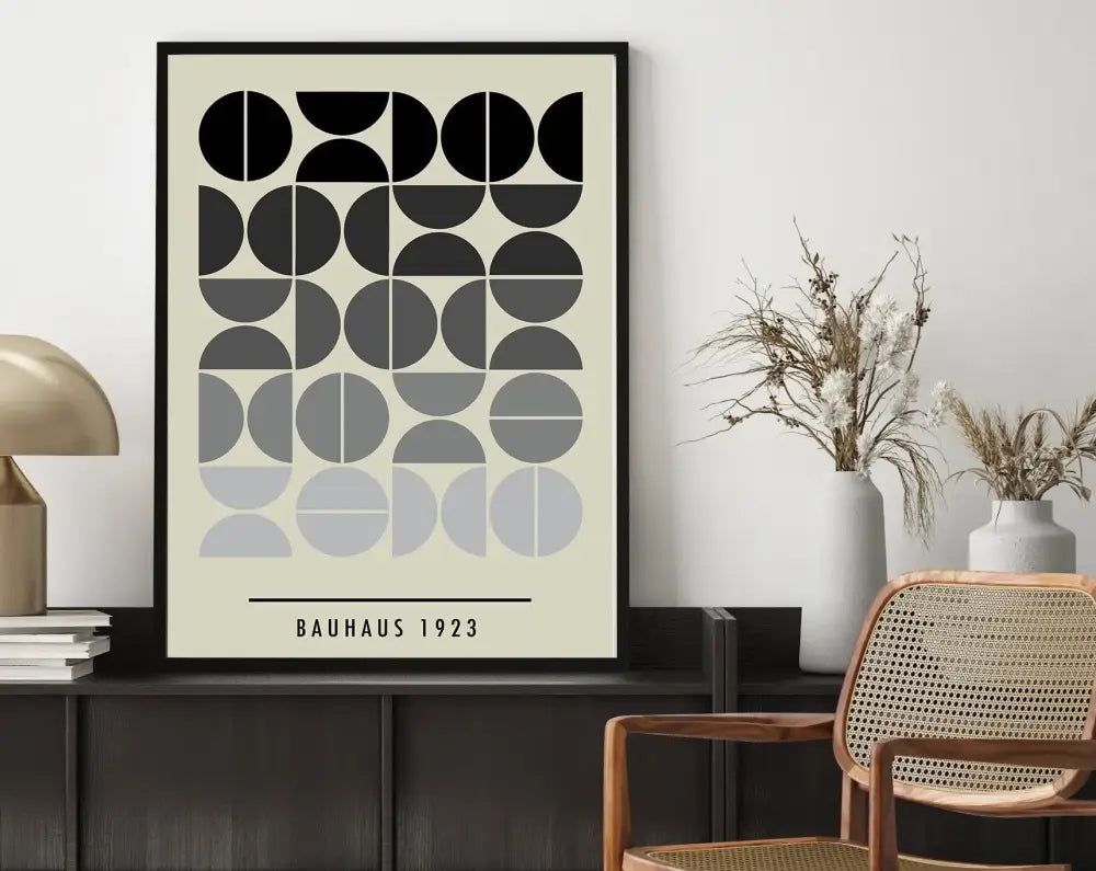 DecorBites mid century geometric canvas wall art with black framed bauhaus poster and ivory background for home decor