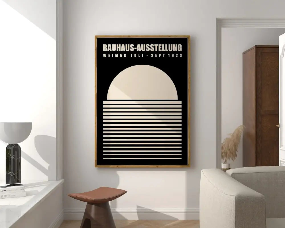 DecorBites™ mid century black and white geometric canvas wall art in light wood frame for modern home decor