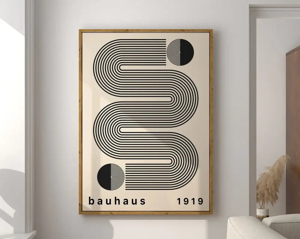 DecorBites™ mid century wall art in light wood frame with bold black geometric lines on off-white background for home decor