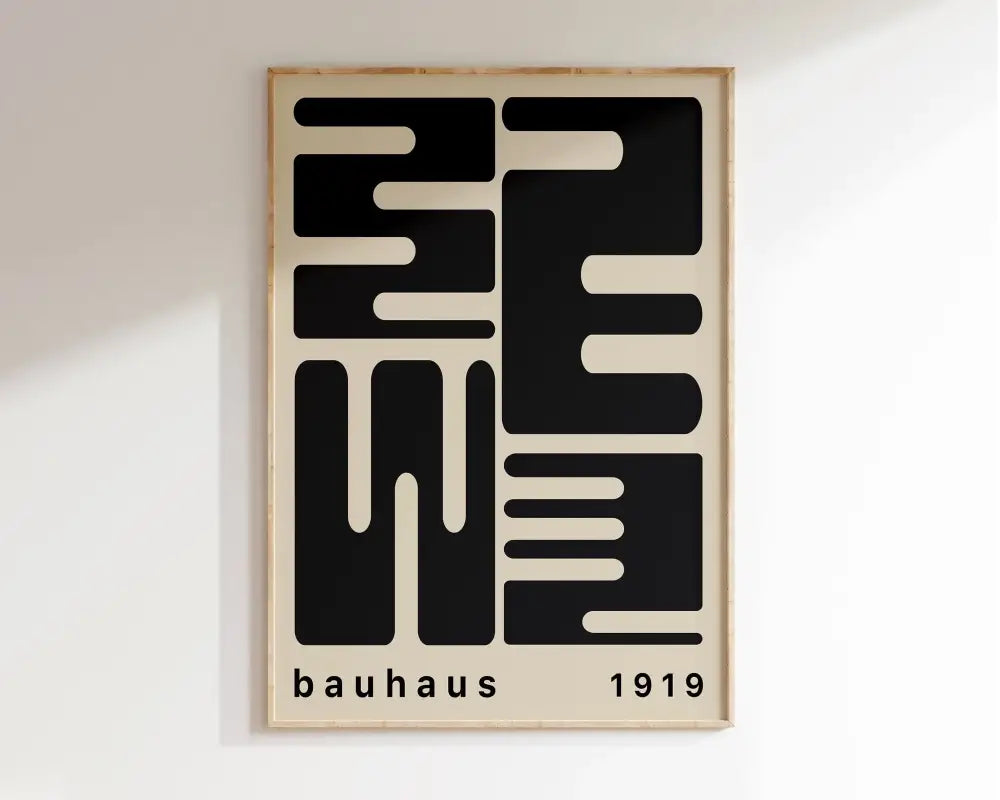Decorbites™ mid century geometric canvas wall art with bold black typography in light wood frame on off-white background