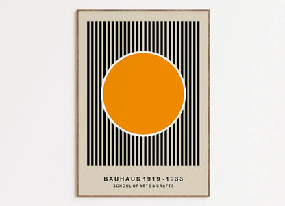 A minimalist mid century geometric wall art canvas featuring an orange circle and bauhaus text on black striped beige background