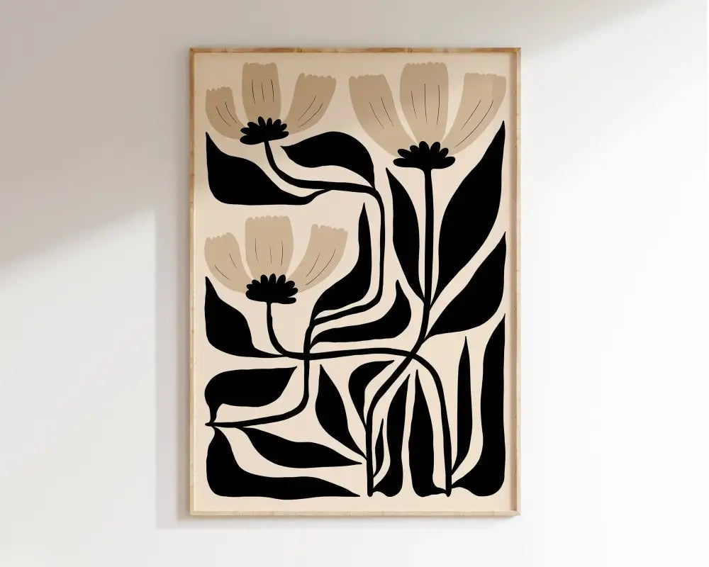 Minimalist decorbites mid century wall art featuring black and beige stylized flowers on cream canvas for home decor