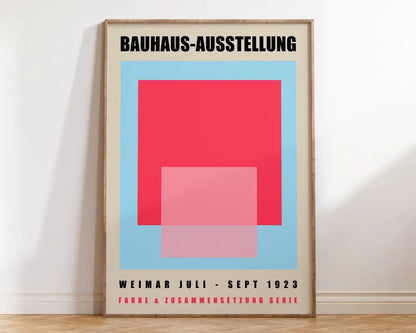 Minimalist mid century wall art featuring bold red and pink geometric shapes with black text on light blue background for home decor