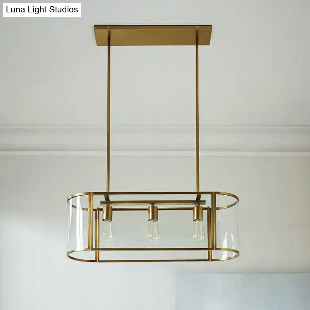 DecorBites mid century brass pendant light with translucent glass oval cage and three exposed bulbs suspended fixture