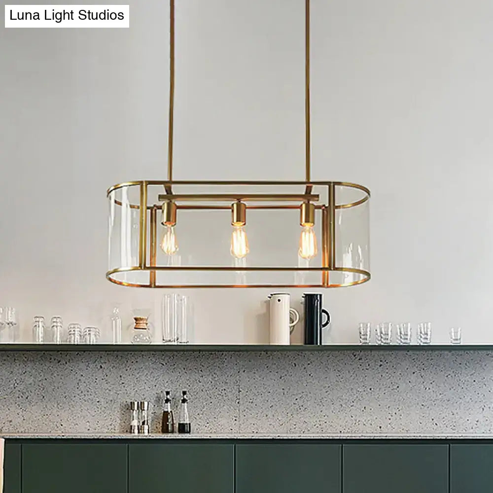 Decorbites mid century gold translucent glass pendant light with brass frame and three exposed filament bulbs