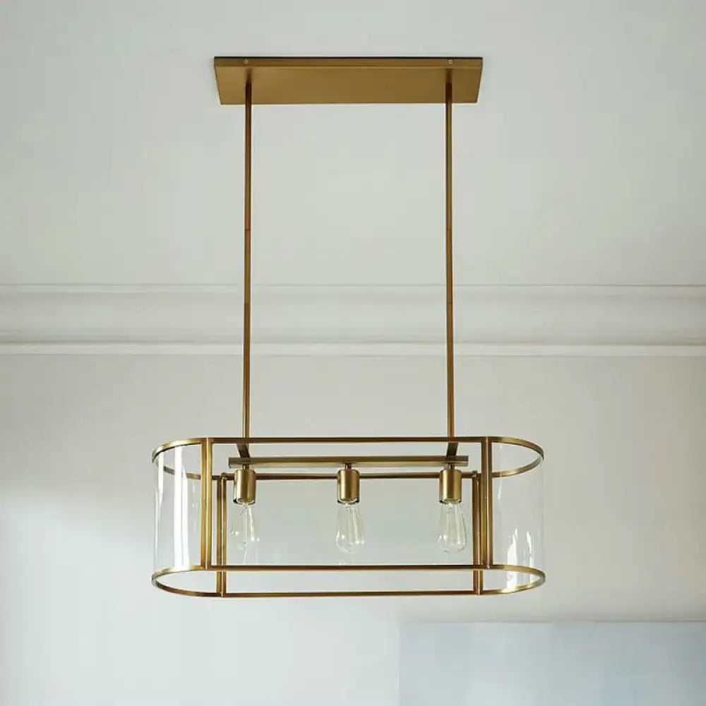 Decorbites mid century gold pendant light with translucent glass oval cage and three exposed bulbs suspended fixture