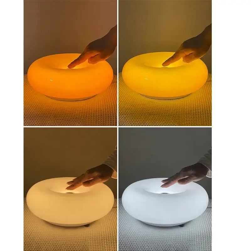 DecorBites™ modern desk lamp features a sleek ring shape with warm orange, yellow, and white touch-activated light