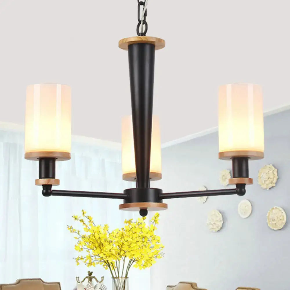 Black metal chandelier with wooden accents and opal frosted glass shades for led incandescent fluorescent bulbs 220v-240v 110v-120v