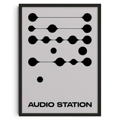Black-framed decorbites™ mid century retro abstract canvas print with black circles and lines and audio station text on gray background