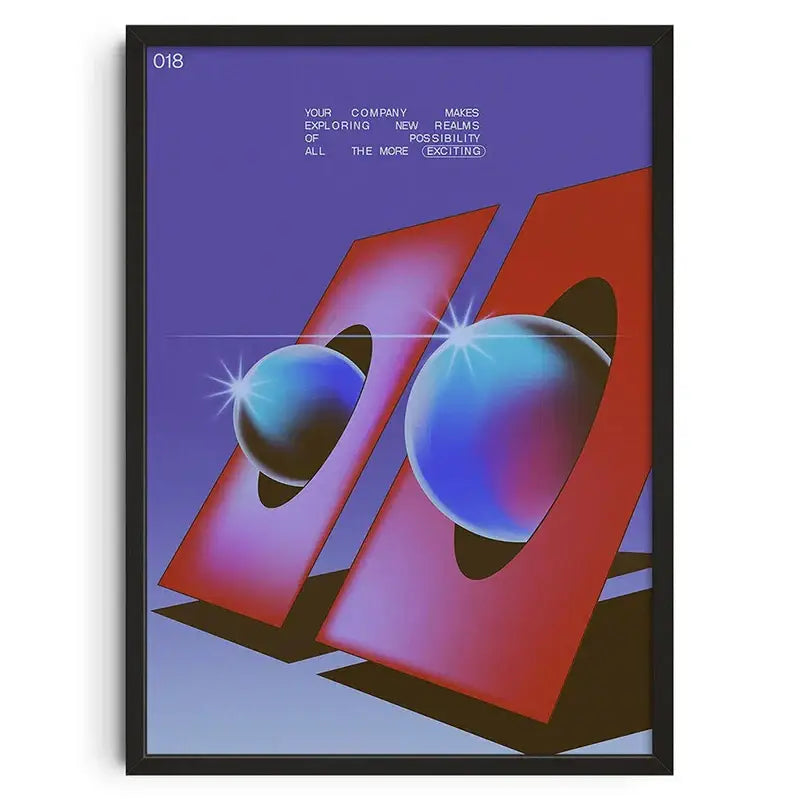 DecorBites™ mid century vintage abstract canvas wall art with purple and red design in a black frame