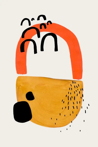 Abstract illustration with orange and mustard-yellow brush strokes and black curved lines on decorbites mid century canvas print