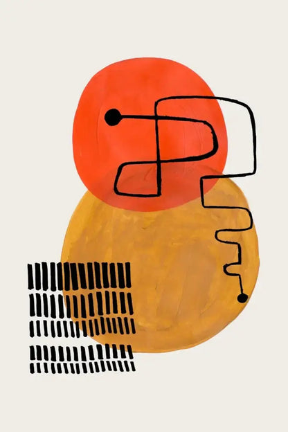 Decorbites™ mid century watercolor brush strokes canvas print with vibrant orange and yellow circles and bold black line art