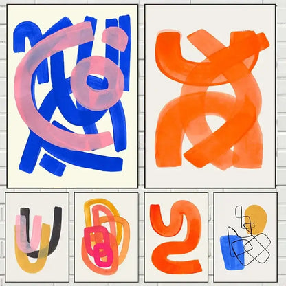 Decorbites™ mid century canvas print with bold colorful watercolor brush strokes in blue pink orange and black on off-white