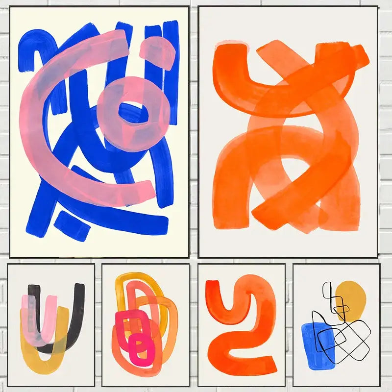 Set of decorbites™ mid century watercolor brush strokes canvas prints with bold blue pink orange and black shapes on off-white background