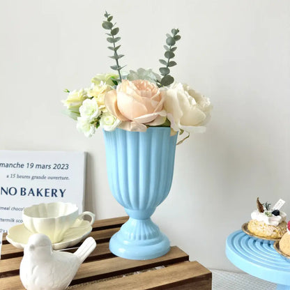 DecorBites™ light blue ribbed ceramic mini flower arrangement vase with peach cream roses and eucalyptus for home decor