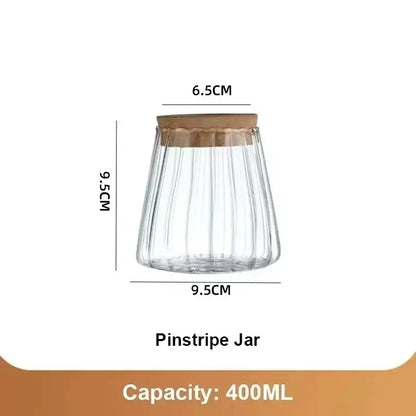 Clear glass pinstripe jar with vertical ribbed texture and wood lid for mini nordic glass hydroponic planter tray 400ml capacity