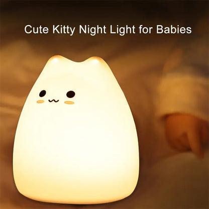 Soft white silicone mini popular cat night lamp with power switch and 7-color touch for kid bedroom bedside use