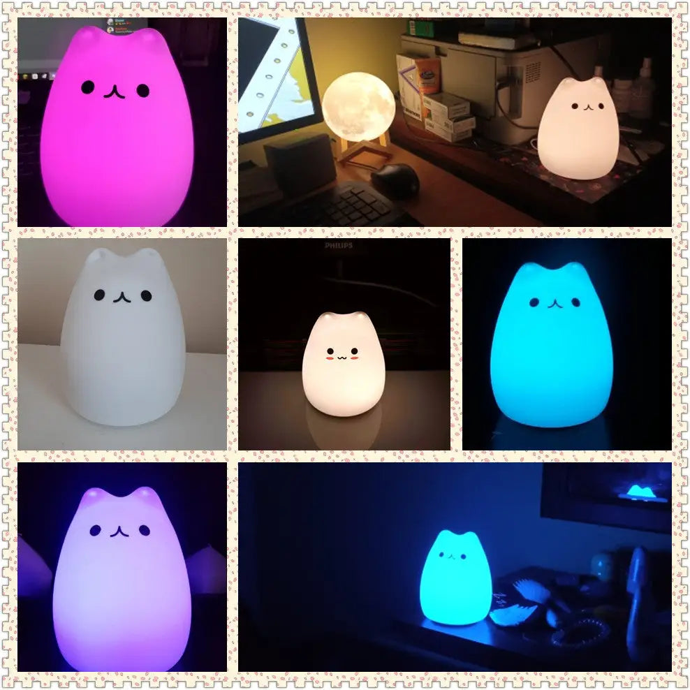 Decorbites mini popular cat soft silicone night lamp with power switch and 7 color touch eye protection light